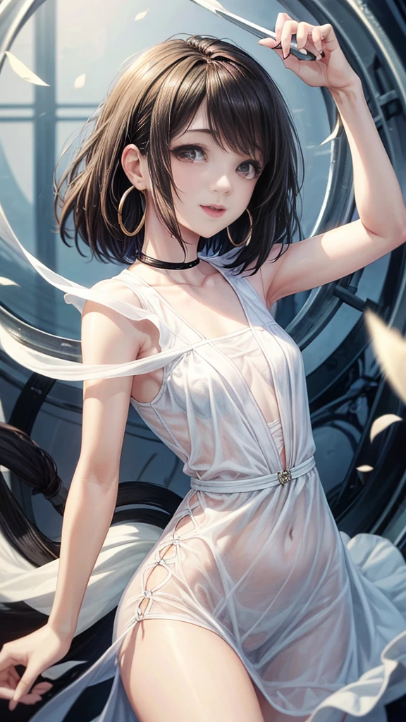 Realistic photos, Best Quality, Background is white、young woman, 30 years old、Singing Angel、Brown eyed brunette, big hoop earrings, Very short black hair, Perfect body, Normal chest, She is in a white dress、Upper Body、Smiling and mischievous, Open your mouth, 
