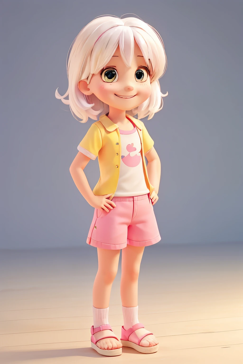 ,  3 , white, clear hair, pink shorts and yellow blouse, pink sandal, Grinning.