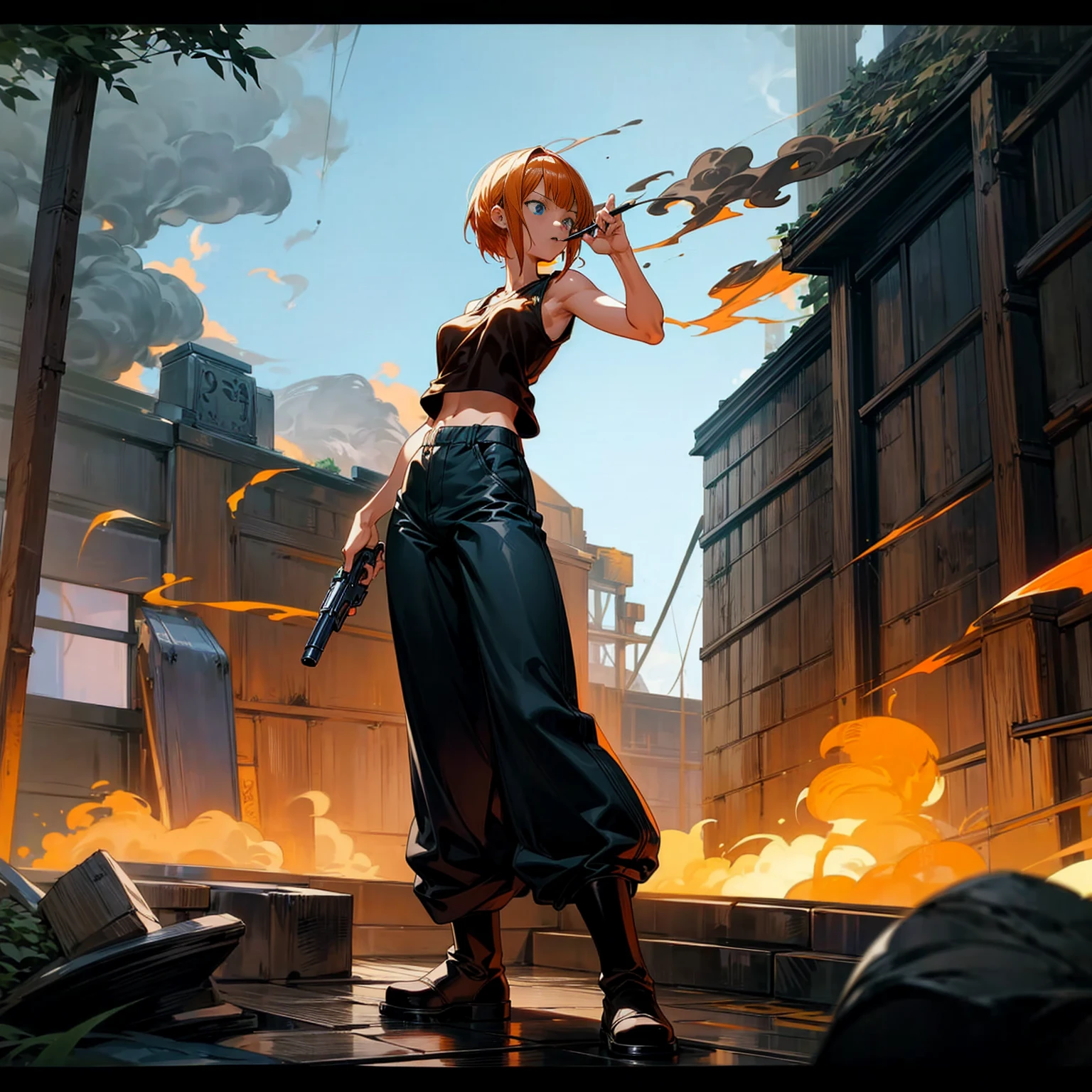 Background in the outdoor bar, Grassroots, one piece style art, Full body version, women, orange hair, short bob hairstyle, black singlet t-shirt, long pants, brown boots, blue eyes, standing battle gesture, hand gun inn two hand, smoke effect