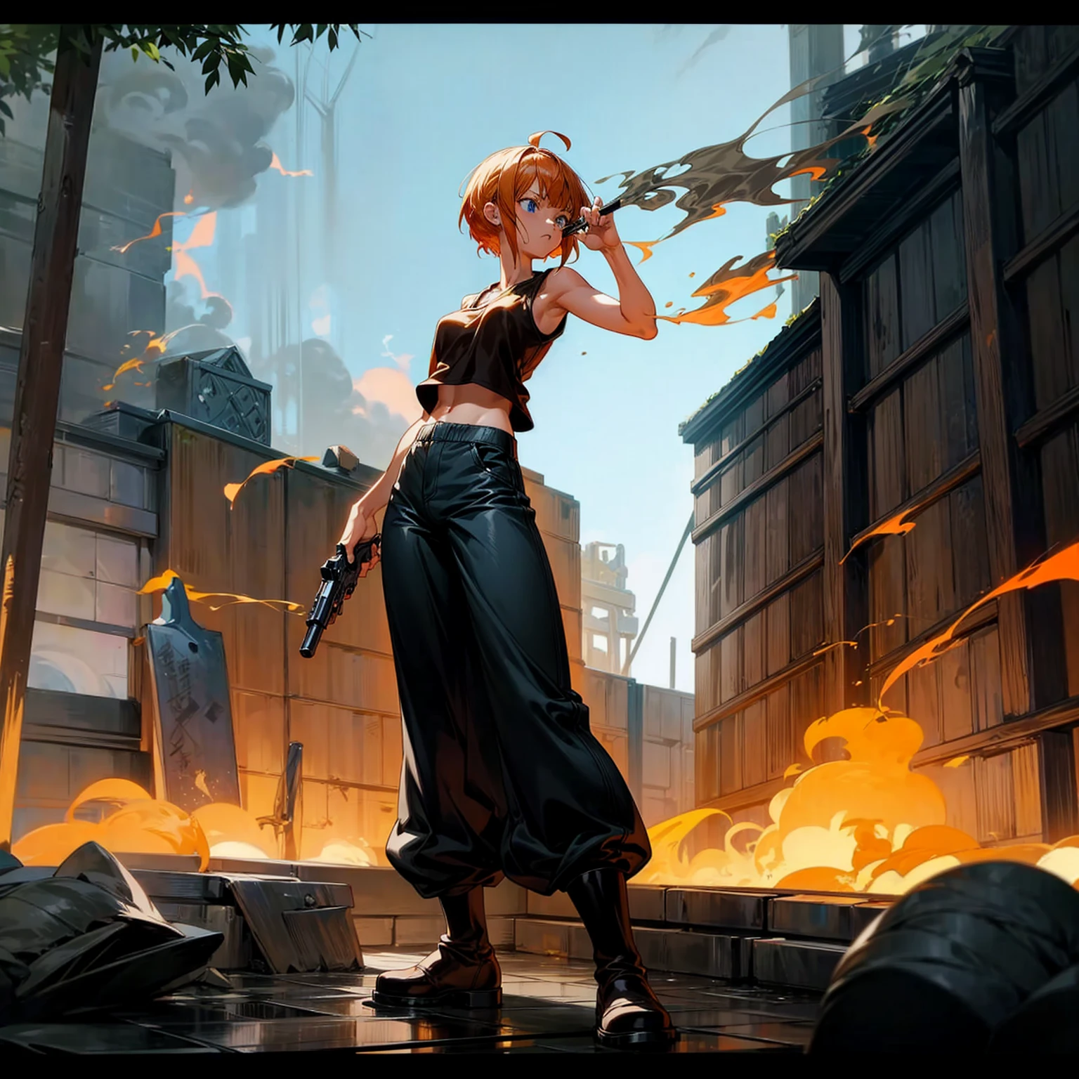 Background in the outdoor bar, Grassroots, one piece style art, Full body version, women, orange hair, short bob hairstyle, black singlet t-shirt, long pants, brown boots, blue eyes, standing battle gesture, hand gun inn two hand, smoke effect