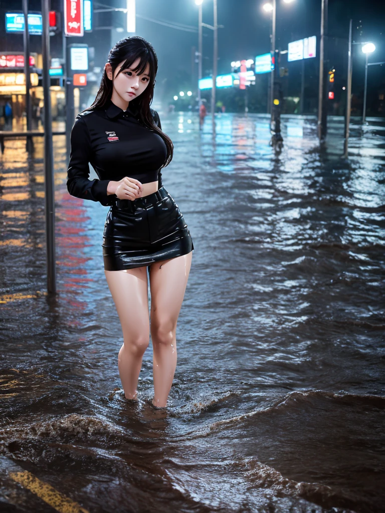 Real photos, background  strong typhoon rain, wet all over, sea water pouring in, road turned into pool, water flooded the roof, a beautiful Taiwanese girl, police uniform miniskirt, standing on the flooded road, clothes blown by the strong wind Open.