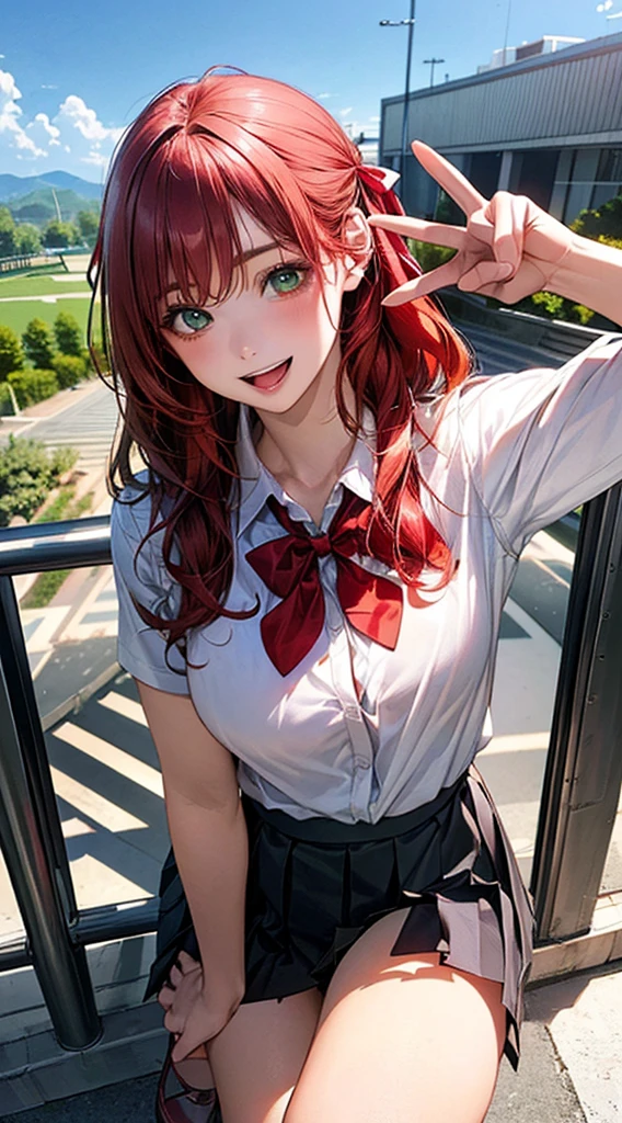 (masterpiece:1.2, top-quality), (realistic, photorealistic:1.4), beautiful illustration,
looking at viewer, full body, front view:0.6,
1 girl, french, high school girl, (long hair, eye, green eyes, large breasts:0.8,
beautiful hair, beautiful face, beautiful detailed eyes, beautiful clavicle, beautiful body, beautiful breasts, beautiful thighs, beautiful legs,
(beautiful scenery), , school,
((collared shirt, white shirt, pleated skirt, red bow tie, red hair ribbon)), white panties,
(standing, spread legs, peace sign),
smile:1.5, open mouth,