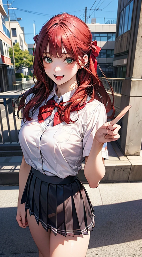 (masterpiece:1.2, top-quality), (realistic, photorealistic:1.4), beautiful illustration,
looking at viewer, full body, front view:0.6,
1 girl, french, high school girl, (long hair, eye, green eyes, large breasts:0.8,
beautiful hair, beautiful face, beautiful detailed eyes, beautiful clavicle, beautiful body, beautiful breasts, beautiful thighs, beautiful legs,
(beautiful scenery), , school,
((collared shirt, white shirt, pleated skirt, red bow tie, red hair ribbon)), white panties,
(standing, spread legs, peace sign),
smile:1.5, open mouth,