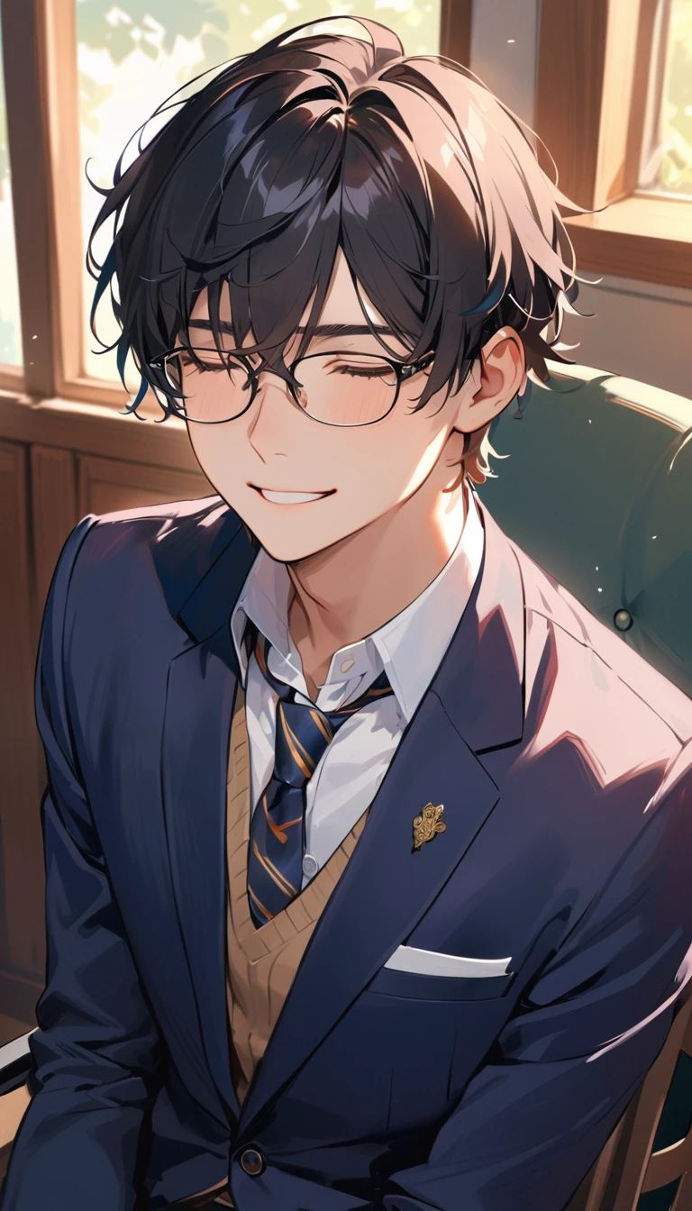 18 years old, a handsome boy, Black Hair, Short Hair,Glasses, blazer, high school student,Introvert,Laugh sadly