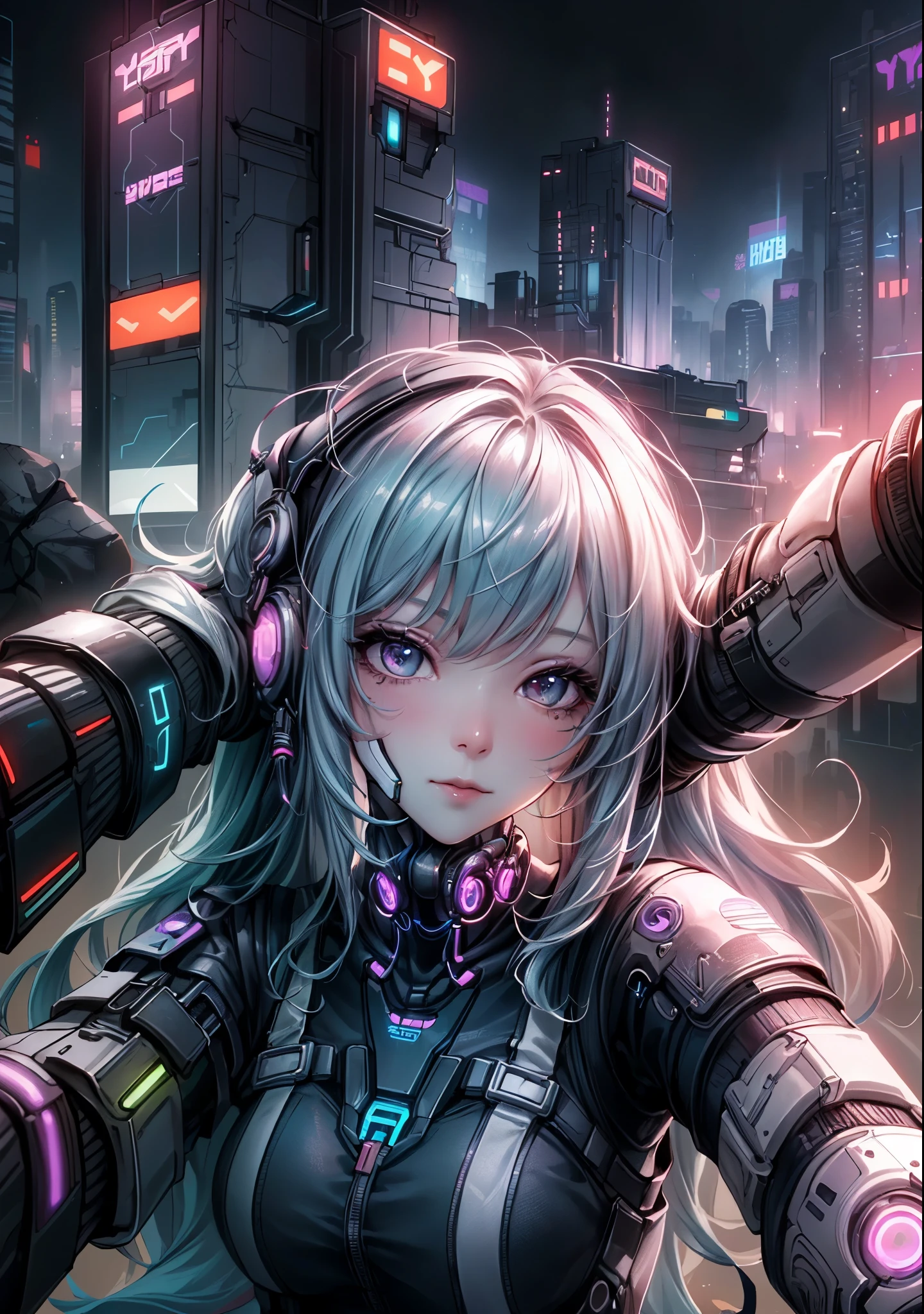 Analog Style, Too many model shoots, (Selfie:1.8), One girl, (cyber punk:1.8, cyber punk city background:1.8), ((Cute Face: 1.8, Perfect Face:1.3)), (Long and colorful hair:1.4, Pale skin:1.5), (From above:1.4, From behind), Highest quality, (color, Hyper Detail:1.5), Octane Rendering, Ultra-realistic texture, Tabletop, Very detailedな CG Unity 8K 壁紙, Very detailed, Ultra-realistic Light