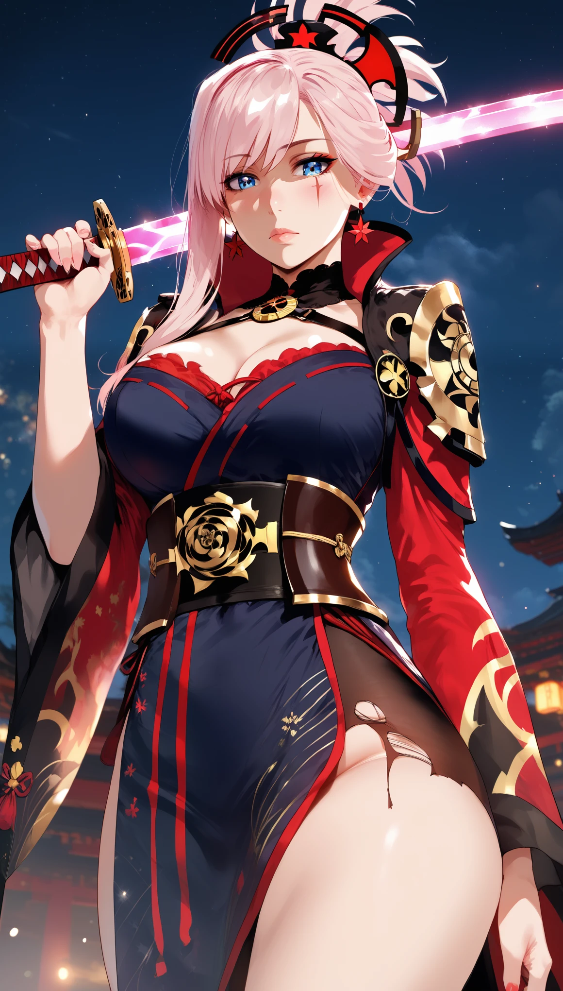 (hero neisan art style:0.7), (hews art style:0.7), score_9, score_8_up, score_7_up, score_6_up, score_5_up, score_4_up, uncensored, miyamoto musashi, pink hair, earrings, ponytail, blue eyes, BREAK (masterpiece:1.2), best quality, high resolution, (detailed eyes:1.3), perfect lighting, (perfect hands, perfect anatomy), large breasts, night, sword, 1girl, katana, night_sky, solo, japanese_clothes, sky, cleavage, wide_sleeves, sheath, earrings, star_(sky), over_shoulder, looking_at_viewer, detached_sleeves, moonlight, outdoors, shaded face, looking down, expressionless, lips, torn clothes, burn scar, glowing sword, bokeh, shimmering light, sparkle,