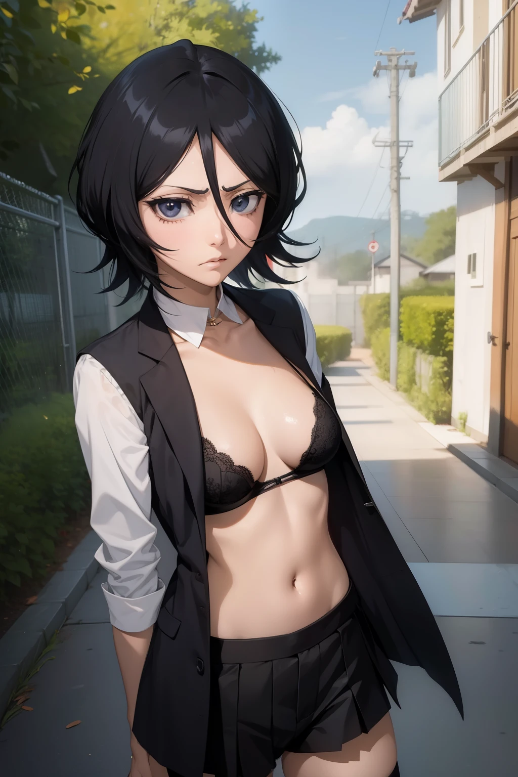 Rukia , anime , masterpiece , Black color hair, jaqueta aberta open clothes , bra, pantie , long socks, disappointed face angry , pircing no umbigo.
