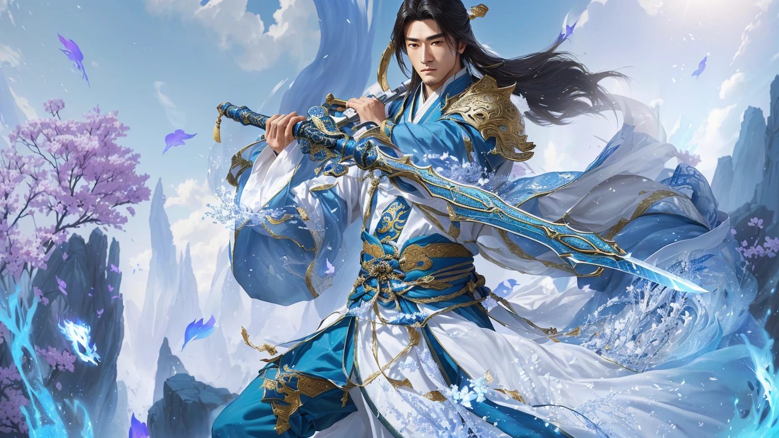 Alafud image display,A man in blue and white clothes、man holding sword, zhao yun, heise jinyao, author:Yang J, xianxia hero, inspired by Guan Daosheng, Inspired by Huang Shen, Inspired by Zhao Yuan, G Liulian art style, Liang Xing, 《Genshin Impact》Keqing, dragon