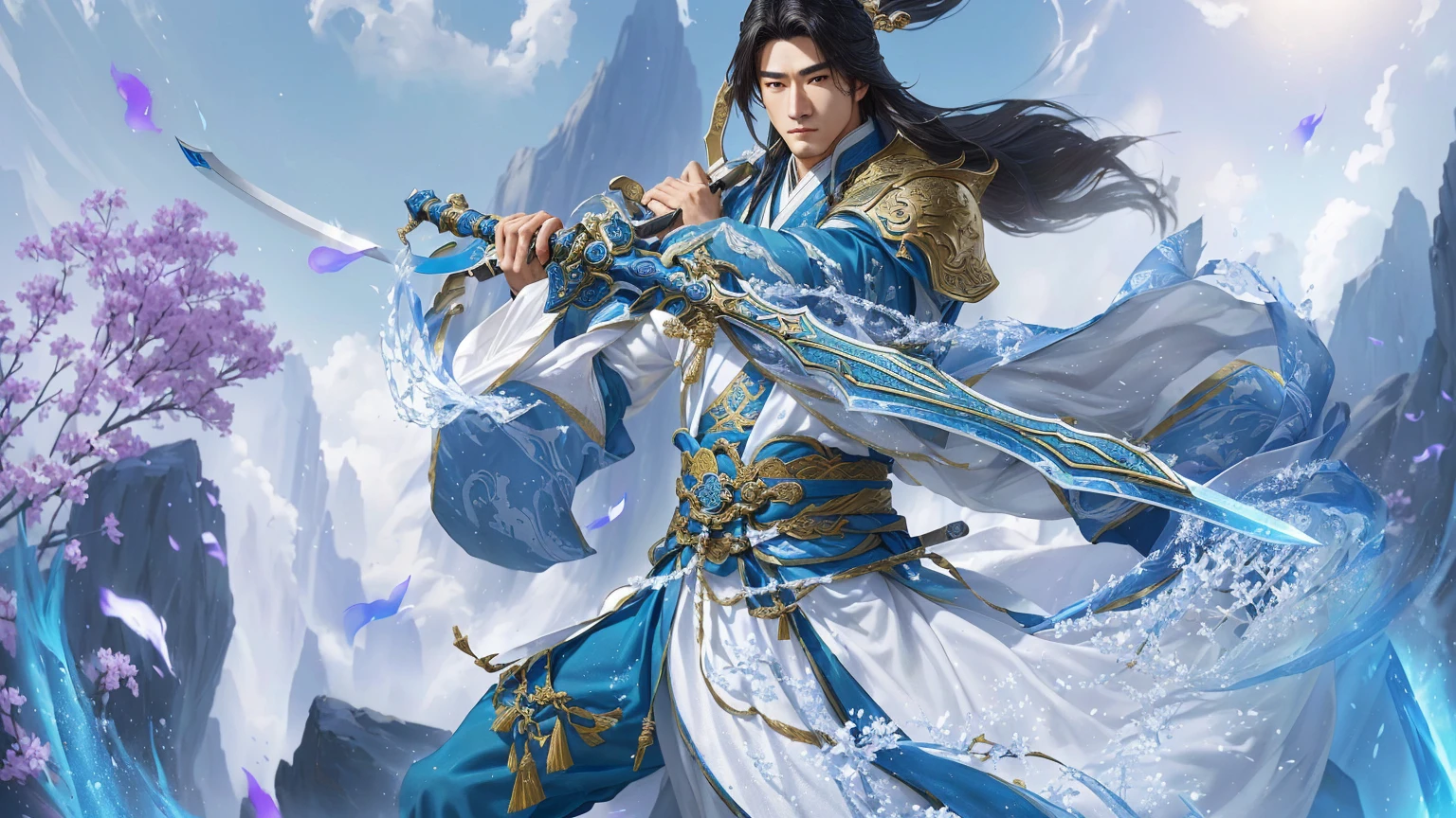 Alafud image display,A man in blue and white clothes、man holding sword, zhao yun, heise jinyao, author:Yang J, xianxia hero, inspired by Guan Daosheng, Inspired by Huang Shen, Inspired by Zhao Yuan, G Liulian art style, Liang Xing, 《Genshin Impact》Keqing, dragon
