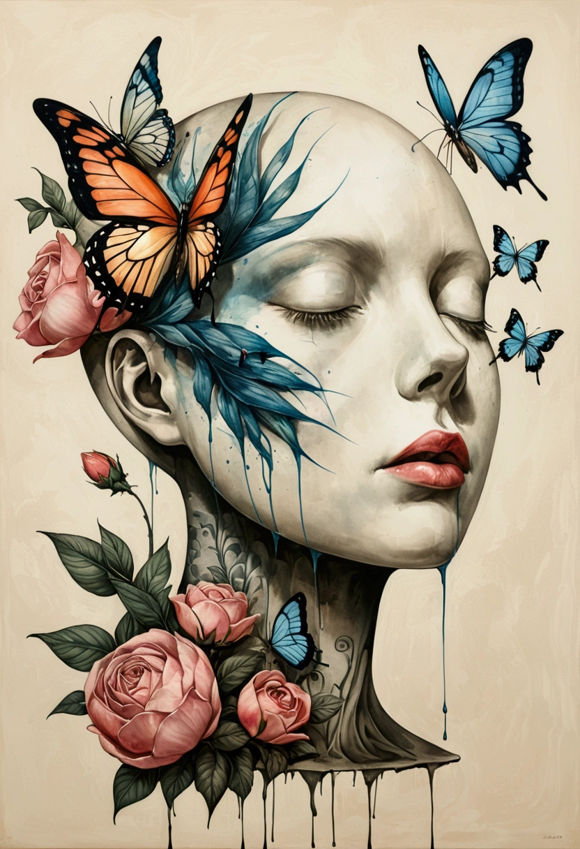 Colored lead paintingSimple ink painting：Inspired by Marco Mazzoni,Profile plaster portrait - head up，bird、Butterfly、Plants and flowers。