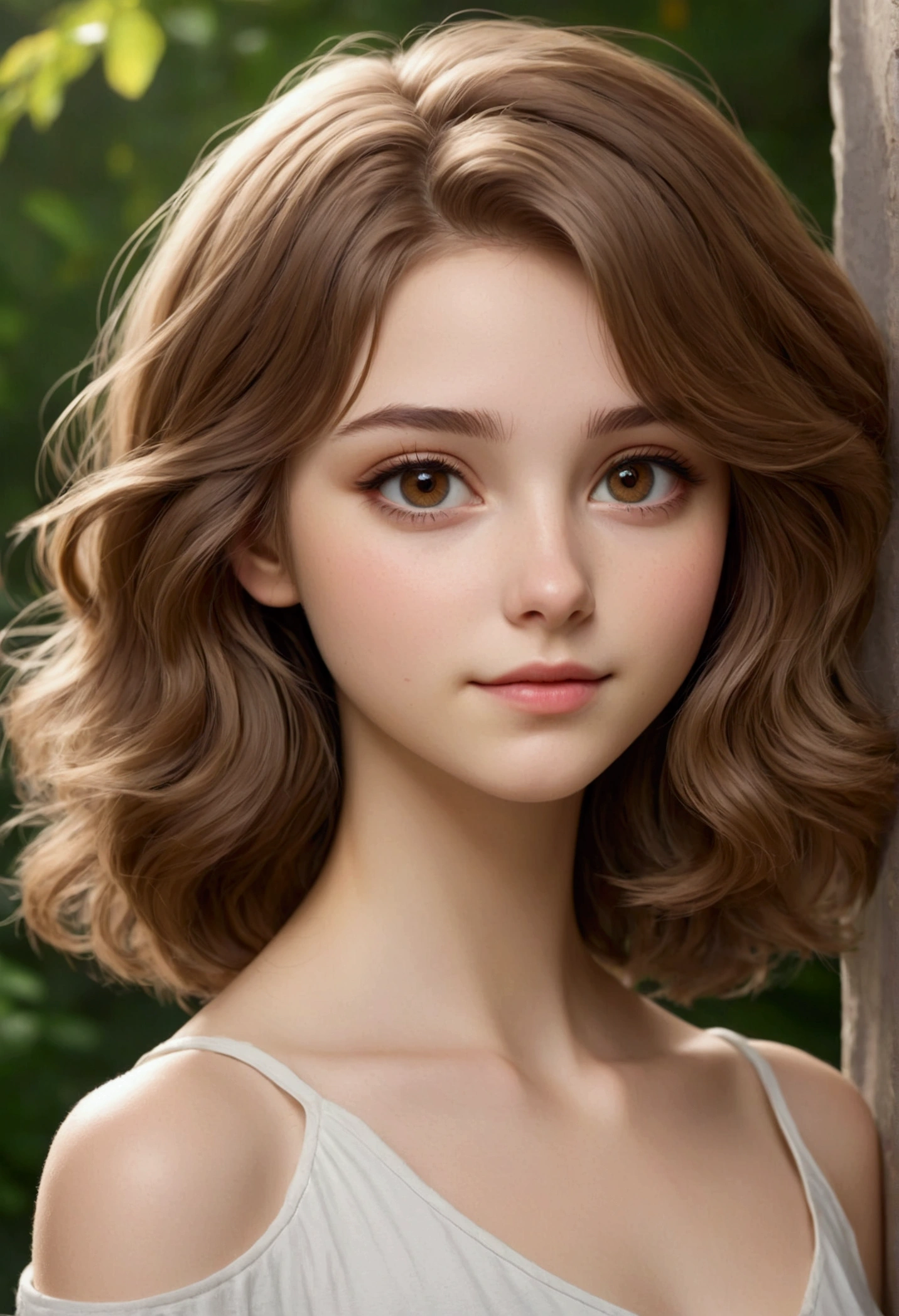Create a girl with a slim build, 17 years old, measuring 1.62, Light brown hair, White skin, light brown eyes, short shoulder length hair, wavy hair, slanted eyes