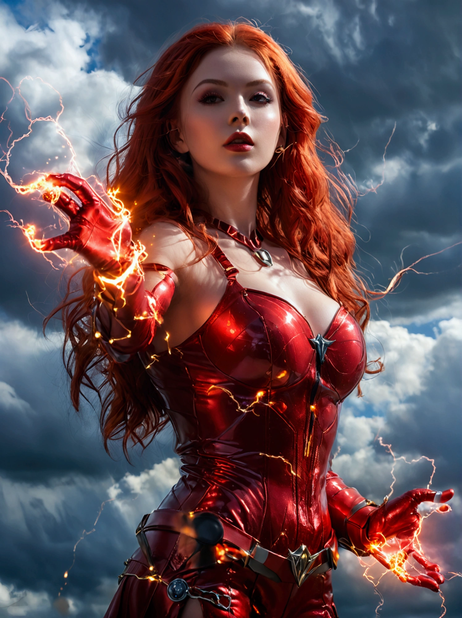(full body shot:1.1) photorealistic image of a (standing pose:1.1) woman, ultrarealistic, photography, long red hair, girl, 24 years old, hourglass figure, perfect body, Flirty look, extremely detailed artgerm, in the style artgerm, facing the camera, lens 35 mm, blur background, scarlet witch red cosplay, floating in the air, red electric glowing hands, sparkling with red electricity, outside in darkening clouds, clouds with red electricity, full body, full body pic (full body) (full body portrait), show her from head to toe, she is wearing red knee high boots