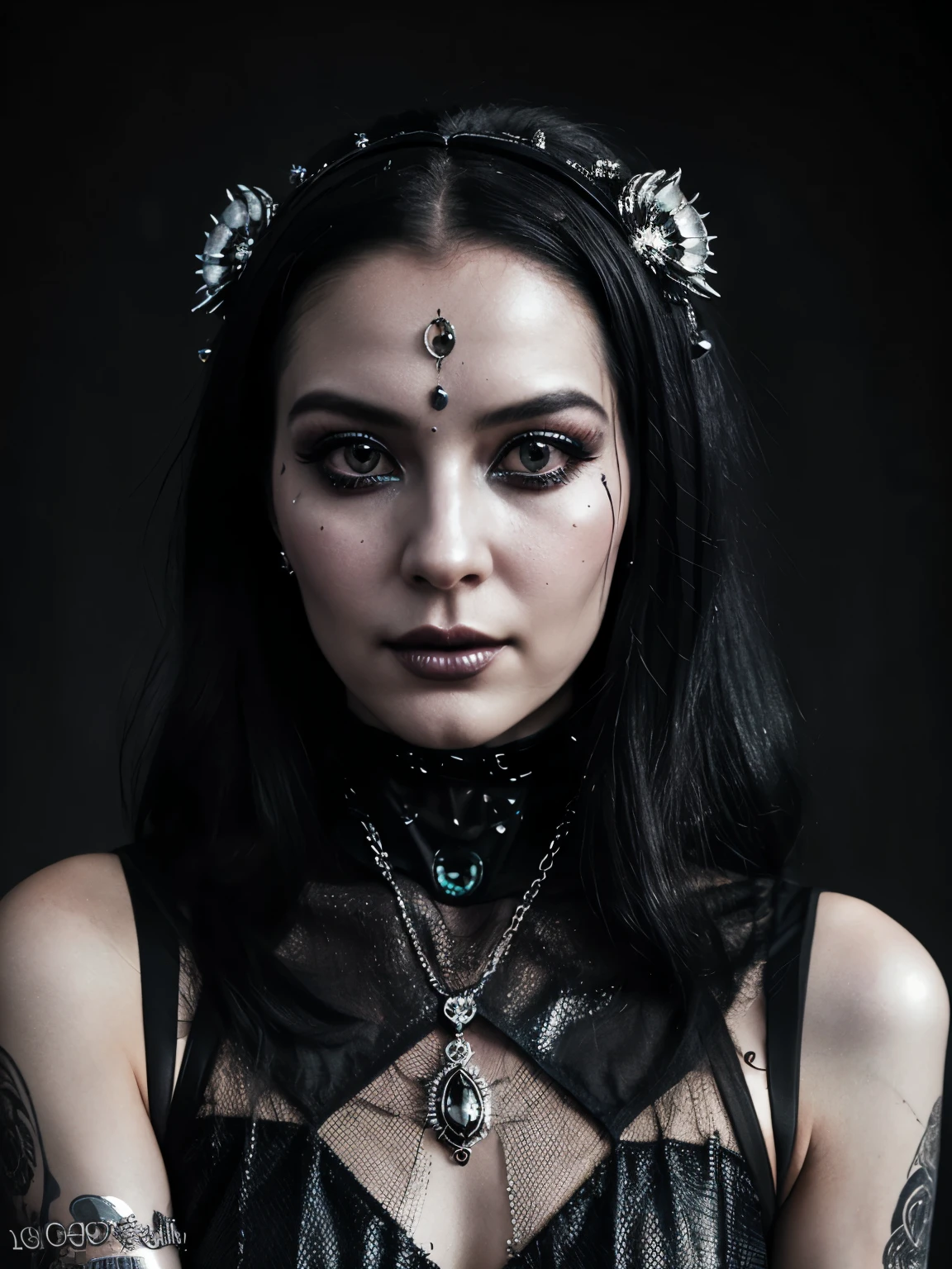 lady in black transparency, her face and has silver intrincated accesories, in the style of hell fashion, otherworldly beauty, celestialpunk, album covers, queencore, dark age aesthetics