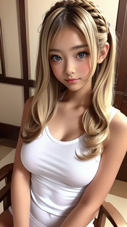 (Detailed face:1.3),1人のgirl, 18-year-old、cute、(((Euphoric face:1.2)))、(White tight camisole:1.3)、Baby Face、Big Breasts 、(Brown eyes:1.3), ((Gal Hairstyles)) 、High Twintails;１.Blonde Hair、girl, (Eye and facial details:1.0), break, (masterpiece, Highest quality, Very detailed,8k:1.3),Sit on a chair、White sexy panties