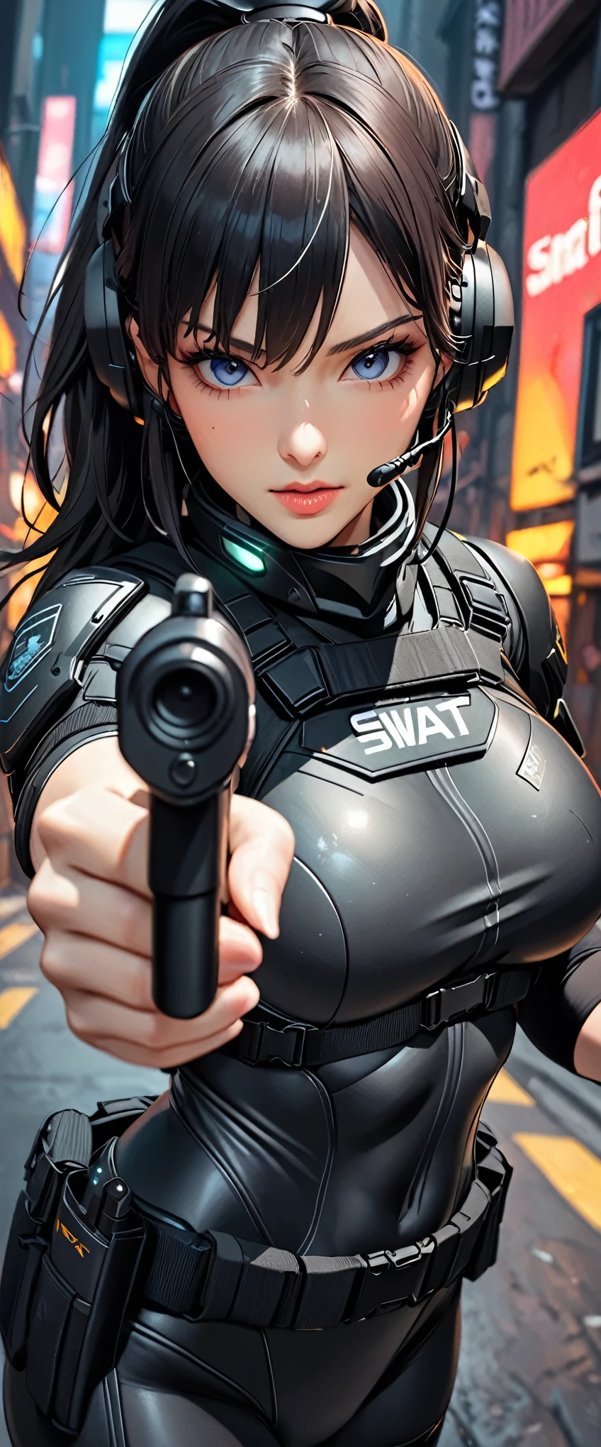 (masterpiece:1.2,Highest quality,Highest quality,Very detailed:1.2),8k,wallpaper,(One Woman),(Future female SWAT team member),(((pointing pistol:1.6))),(Extremely form fitting black tactical bodysuit),(Tactical Headset),(Tactical Holster),(Tactical Gloves),BREAK(Serious),(ponytail),(Black Hair),(Beautiful Face),(Beautiful Eyes),(Beautiful Eyes),(Very detailedな顔),(Very detailedな女性の手),(Muscular),(sexy),(Big Breasts),(Thick thighs),(Beautiful body),(The background is the neon streets of a future city:1.6),(cyber punk:1.6),(((Hand,detailed,perfect,perfection,hands))),(Beautiful female hands),(Accurate hand drawing)
