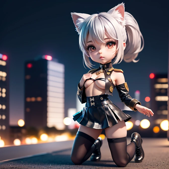 (Chibi Character:1.3), A silver-haired girl with cat ears wearing a military uniform, ponytail, mini skirt, See-through tights, Combat Boots, (Open the chest:1.3), Lying face down and looking at the viewer, Shoot the viewer with a sniper rifle, Skyscraper rooftop, A quiet night full of tension, Night city background, moonlight