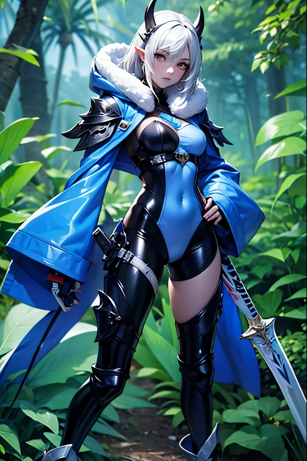 8k, original, (((1girl, solo))), illustration, mix, hd, absurdres, lora ((mappa studio style)), anime style, 2d, celshade style, digital art, fantasy, girl with dark tight latex suit and cropped blue jacket with gold ornament, wearing assassins hood, carrying dual sword, rose flower on shoulder, white hair, ((blue skin)), (dark elf), dark forest