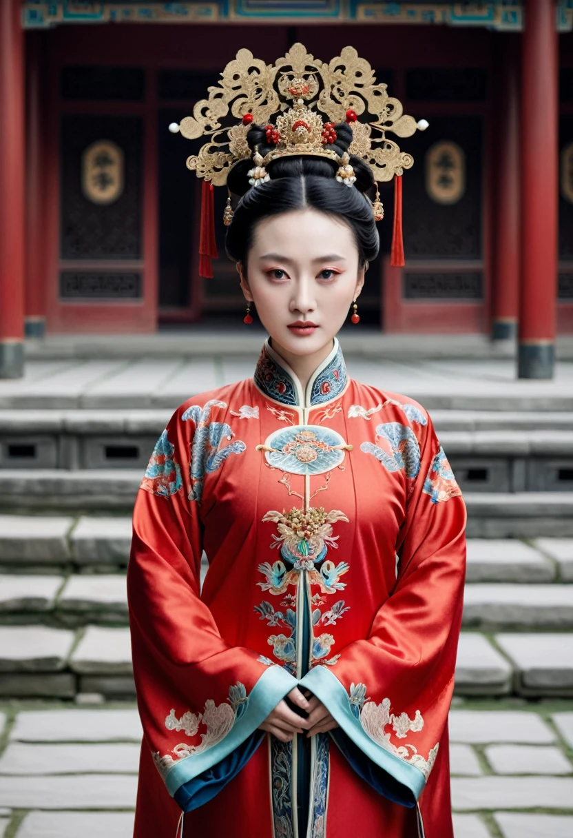 Chinese actress Ruyi Deng's Jyou Xun (Zhou Xun) similar face Qing Dynasty empress seen from the front wearing full-body empress red costume with open front, hairy cunt. Nudity. Chinese drama. Hair parted left and right from the center of the forehead with a large crown of a Chinese empress, tied back, hair tied up with ornamental hair, outside stone tatami of a Qing Dynasty Chinese palace.