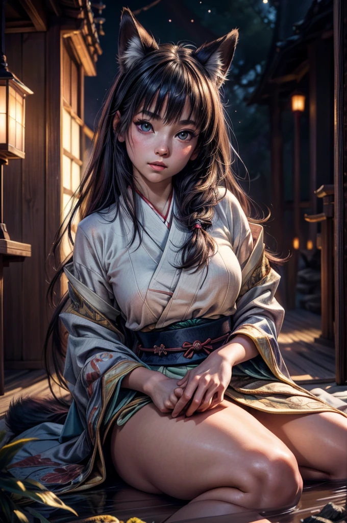realistic, analog photo, Masterpiece, RAW photo, full-length portrait, hyper realistic, ultra detailed image, Kizune, (mythical Creature of Japanese Mythology And Folklore), detailed portrait of anthropomorphic she-fox, with fox tail, in traditional japan garden, moonlight, little spotlight, fractal, cover, detailed background, depth of field, HOF, hall of fame, detailed beautiful eyes, detailed beautiful face, natural body posture, lifelike skin texture, kodak portra 400, 16k, ultra detailed, bokeh lighting, dark fantasy atmospheric, fantasy aura, film grain, cinematic light, cinematic composition, depth of field, rim light