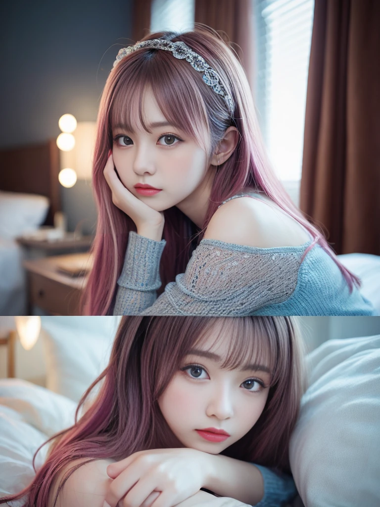 The pieces fly, Highest quality, figure, Very detailed, The finer details, High resolution, 8k,wallpaper, Perfect dynamic composition, Beautiful attention to detail, Dark blue camisole,Semi-long hair、Pink Hair Color,Big Natural Color Lip, Bold sexy pose,Crying a little、Cold Stare,Harajuku Style、20-year-old girl、Cute type、Lolita、Good Eyes、Sleeping in bed、Hold your head