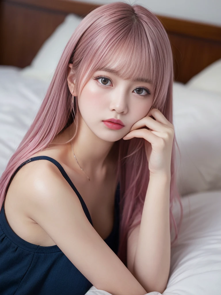 playing piano.Ai Hoshino, beige pink hair, Blue Hair,Long Hair, favorite , Beautiful, shining eyes, Stars in my eyes, Idol,Long pink hair