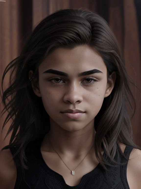 Character for presentation of evolution; intermediate link of evolution, Homo erectus; ((( black Russian girl ))), resembling a young female gorilla with human-like features(Very black skin, heavy brow ridges, thick eyebrows, deep-set realistic expressive brown eyes, protruding, well-developed jaw, wide flat nose, extremely shaggy thick straight long brown hair on the head, slight hair growth throughout the body like a monkey, proportionate, developed physique, flat chest, Teenage Physique); whole body, neutral background, linen sundress, bare feet, Standing pose, (((Neanderthal girl))), quite a beautiful effeminate face, Fairly proportionate build for a 12 year old ntary light hair growth of the skin