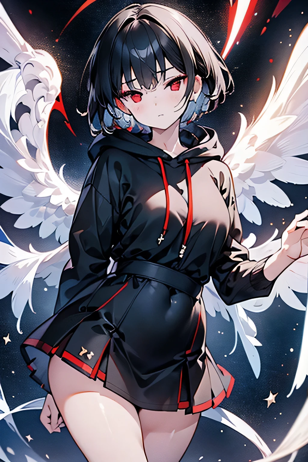 Embrace，shy，Close your eyes，Enjoy the gentle look，(highres,8k,close-up,samdoesarts-style,black short hair,red eyes,detailed facial features,night sky with starry galaxy) high detail,8k,close-up,samdoesarts style,(((a woman with short black hair and red eyes))),((with detailed facial features)),the background is the starry night sky and the Milky Way,1girl,bishoujo,teenager,white_skin,shiny_skin,glamor,plump,slender face,Air bangs,short hair,black hair,red eyes,half-closed eyes,black_wings,hoodie,full_shot,(sunlight),(angel),dynamic angle, floating, wing, Halation, floating white silk,(Holy Light),silver stars,