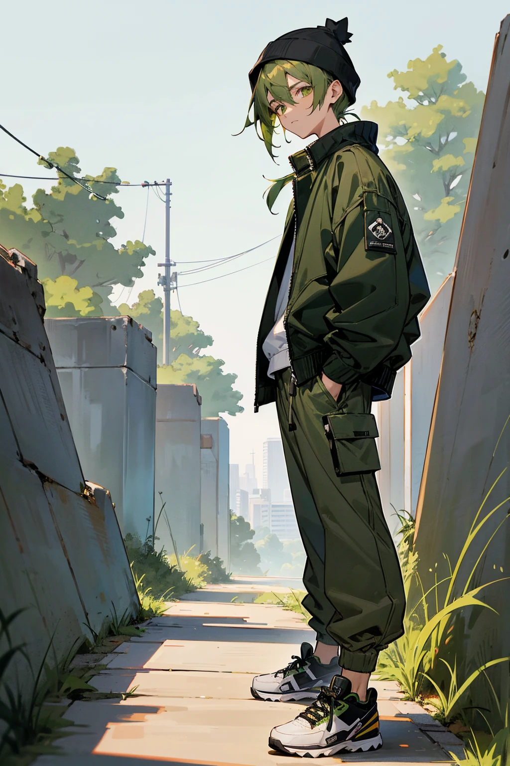 1male, deep green hair, styled in loose, tousled waves, sharp amber eyes, relaxed expression, oversized olive green bomber jacket with a minimalist design, baggy black joggers, white high-top sneakers, a simple black beanie, modern city park background with minimalist sculptures and urban greenery, detailed face, hands to side, standing on path