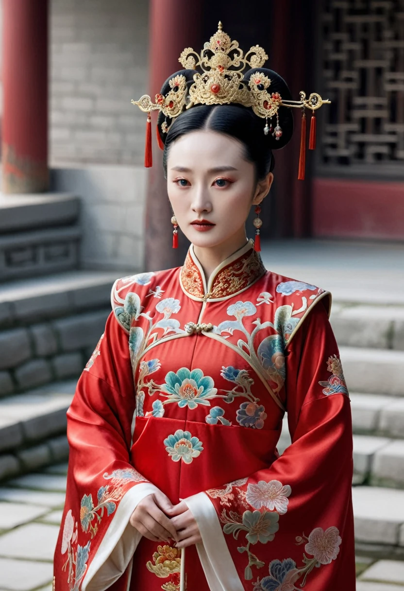 Chinese actress Ruyi Deng's Jyou Xun (Zhou Xun) similar face Qing Dynasty empress seen from the front wearing full-body empress red costume with open front, hairy cunt. Nudity. Chinese drama. Hair parted left and right from the center of the forehead with a large crown of a Chinese empress, tied back, hair tied up with ornamental hair, outside stone tatami of a Qing Dynasty Chinese palace.