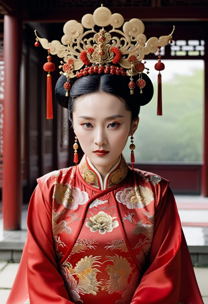 Chinese actress Ruyi Deng's Jyou Xun (Zhou Xun) similar face Qing Dynasty empress seen from the front wearing full-body empress red costume with open front, hairy cunt. Nudity. Chinese drama. Hair parted left and right from the center of the forehead with a large crown of a Chinese empress, tied back, hair tied up with ornamental hair, outside stone tatami of a Qing Dynasty Chinese palace.