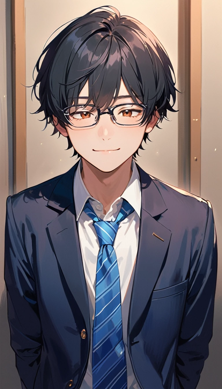 18 years old, a handsome boy, Black Hair, Short Hair,Glasses, blazer,Blue tie, high school student,Introvert,Looks lonely,Bitter smile