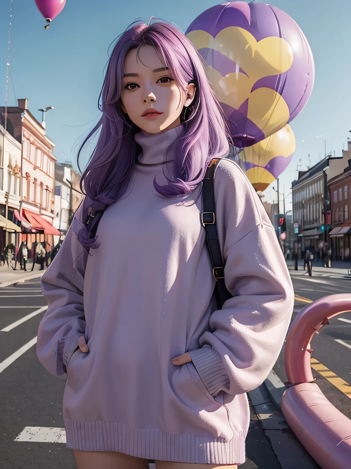 Alone，Hands in pockets，Long light purple hair，Turtleneck dress，The background is a lively playground，balloon，Ferris wheel