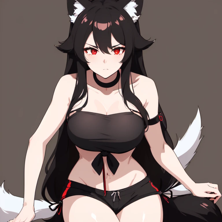 top quality, best quality, by yamame513, High-quality illustrations, masterpiece)(kemono, furry anthro), round, 1 female, hellhound, model body, blood furs, fluffy, tail, big breasts, perfect eyes, red eyes, bikini, body movement, body twitching, pregnant