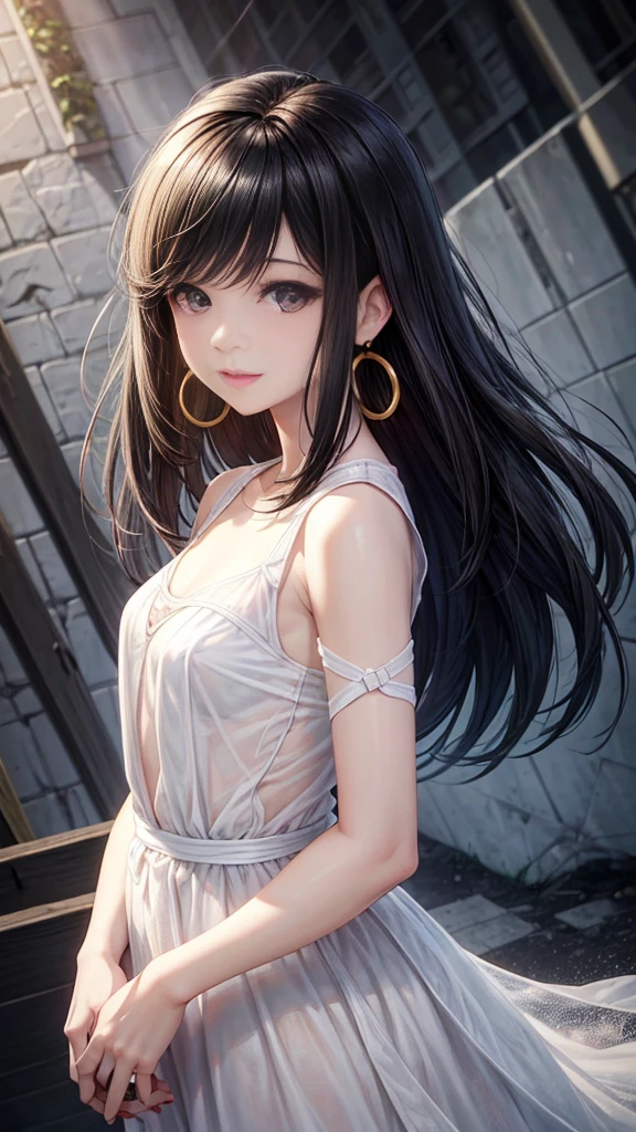 Realistic photos, Best Quality, Background is white、young woman, 30 years old、Singing Angel、Brown eyed brunette, Mature、big hoop earrings, Bob Style、Black Hair, Perfect body, Normal chest, She is in a white dress、HANAKO character、Note pattern、Not see-through、Upper Body、Smiling and mischievous, Open your mouth, Black Hair,