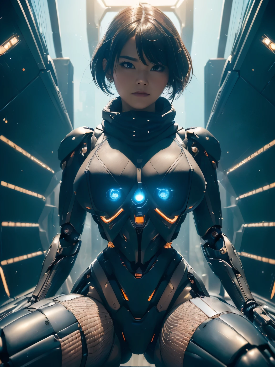 (((a humanoid has mechanical body, (In place of breasts it is equipped with two huge lenses that emit light)))), wearing transparent mesh dress, (((exterior is fully cowl))), (weapons, aiming, cables, round face, short hair), drooping eyes, machine legs, destroyed city, buildings, aerial angle, spread legs, touching groin area for masturbation,