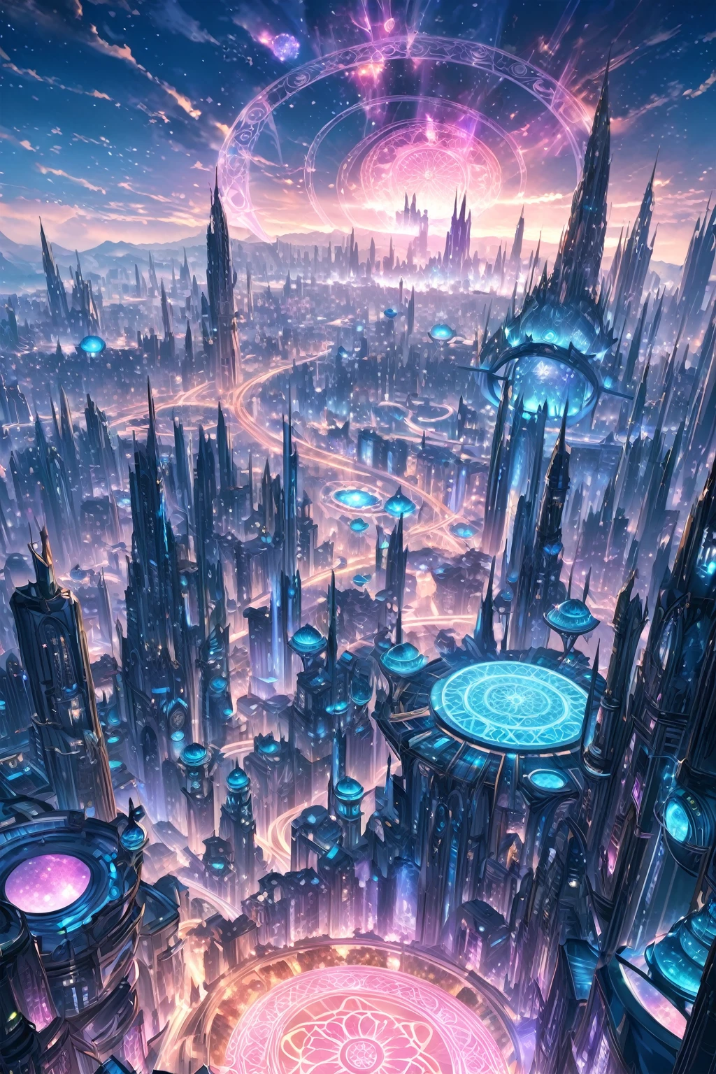 masterpiece, best quality, good quality, Fantasy Aesthetic, Highly detailed, shadowverse style, fantasy futuristic city, futuristic architecture, lot of skyscrappers, magic circle building
