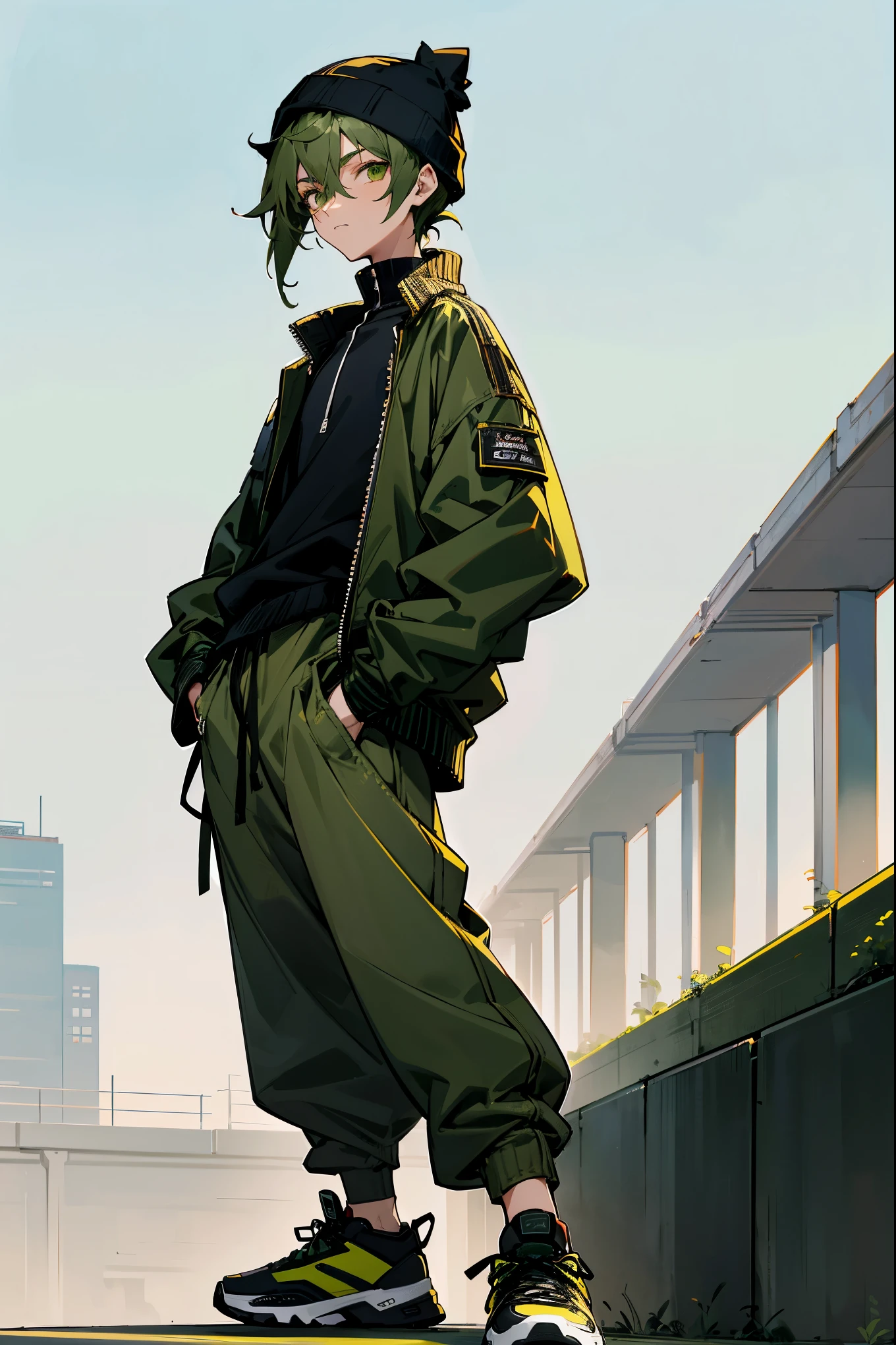 1male, deep green hair, styled in loose, tousled waves, sharp amber eyes, relaxed expression, oversized olive green bomber jacket with a minimalist design, baggy black joggers, white high-top sneakers, a simple black beanie, modern city park background with minimalist sculptures and urban greenery, detailed face, hands to side, standing on path