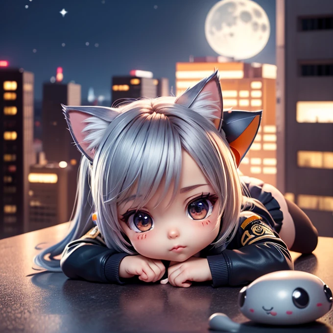 (Chibi Character:1.3), A silver-haired girl with cat ears wearing a military uniform, ponytail, mini skirt, See-through tights, Combat Boots, (Open the chest:1.3), Lying face down and looking at the viewer, Shoot the viewer with a sniper rifle, Skyscraper rooftop, A quiet night full of tension, Night city background, moonlight