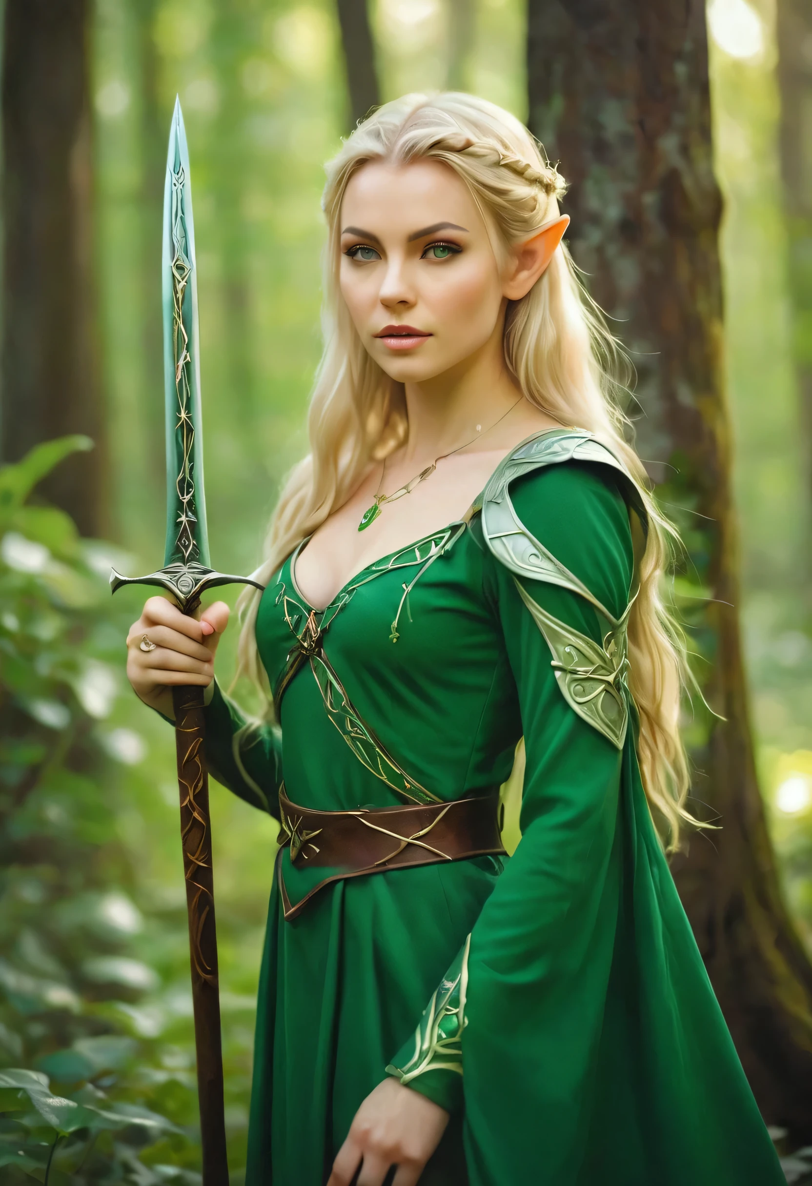 woman in green dress with sword in the forest, elven princess воинов, like a medieval fantasy character, alluring elven princess knight, blonde emerald warrior, elven princess, very beautiful elven top model, beautiful elven princess, Blonde Elven Empress, fantasy photo shoot, Fantasy character photo, elven princess, AnnaSophia Robb - Link of a woman with long blonde hair in a green dress, female elf, elven character with smirk, beautiful and elegant female elf, elf, a elf portrait, elf portrait, portrait female elf wizard, female elfling, portrait of a женщин(Best quality:1.2, realistic:1.37)a-elf warlock, portrait of a very beautiful elf, elven princess