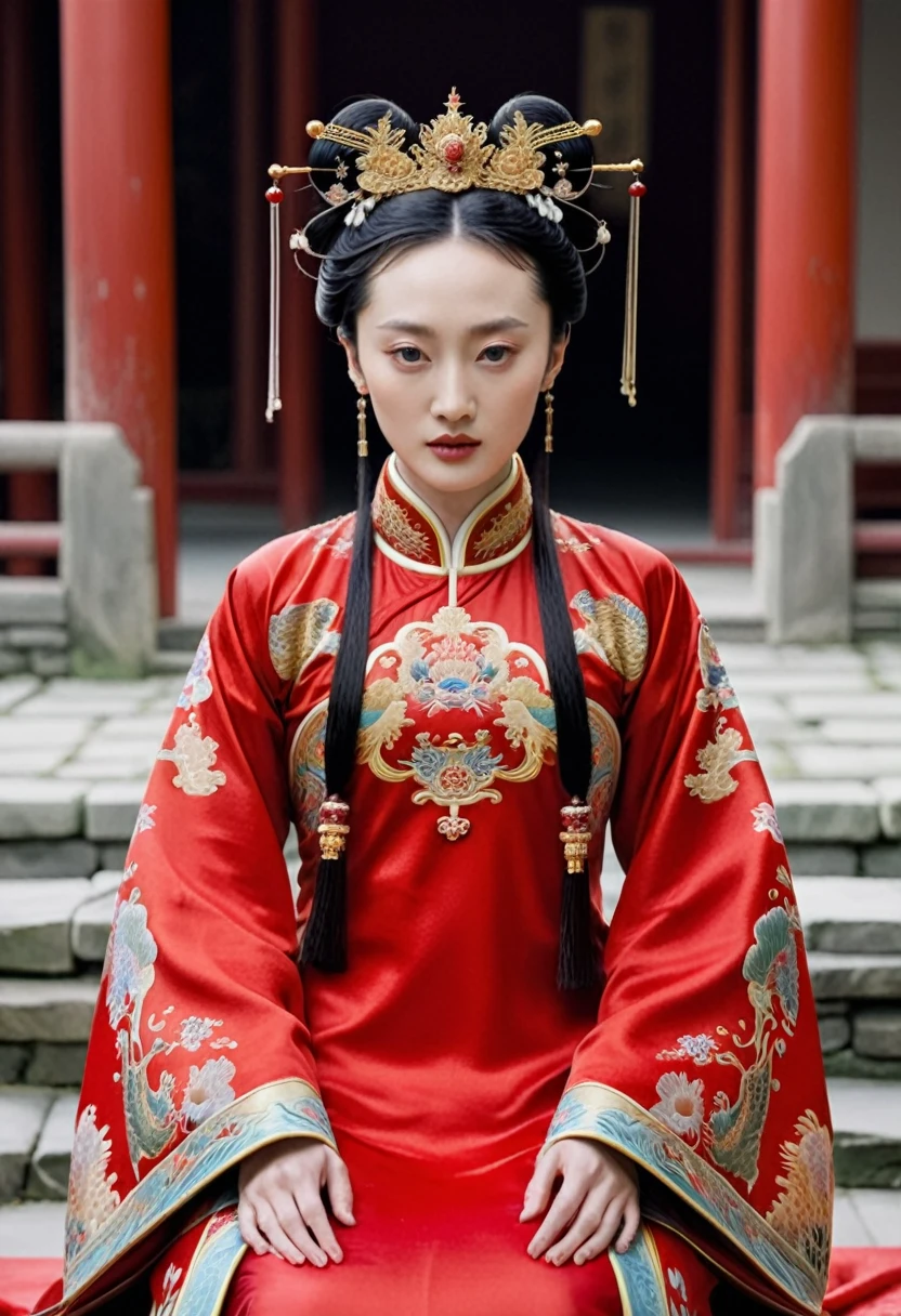 Chinese actress Ruyi Den's Jo Shun (Zhou Xun) similar face Qing Dynasty empress seen from the front wearing a full-body empress red costume, hairy cunt.
Nudity. Chinese drama.
Hair parted left and right from the center of the forehead with a large crown of a Chinese empress, tied back, hair tied up with ornamental hair, outside stone tatami of a Qing Dynasty Chinese palace.