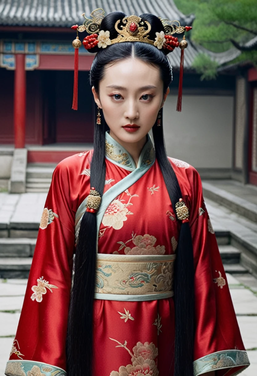 Chinese actress Ruyi Den's Jo Shun (Zhou Xun) similar face Qing Dynasty empress seen from the front wearing a full-body empress red costume, hairy cunt.
Nudity. Chinese drama.
Hair parted left and right from the center of the forehead with a large crown of a Chinese empress, tied back, hair tied up with ornamental hair, outside stone tatami of a Qing Dynasty Chinese palace.
