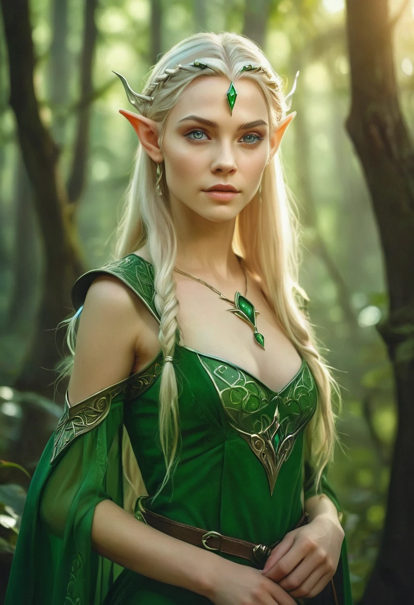 a spear in the hand of a woman in a green dress with a sword in the forest, elven princess воинов, like a medieval fantasy character, alluring elven princess knight, blonde emerald warrior, elven princess, very beautiful elven top model, beautiful elven princess, Blonde Elven Empress, fantasy photo shoot, Fantasy character photo, elven princess, AnnaSophia Robb - Link of a woman with long blonde hair in a green dress, female elf, elven character with smirk, beautiful and elegant female elf, elf, a elf portrait, elf portrait, portrait female elf wizard, female elfling, portrait of a женщин(Best quality:1.2, realistic:1.37)a-elf warlock, portrait of a very beautiful elf, elven princess 