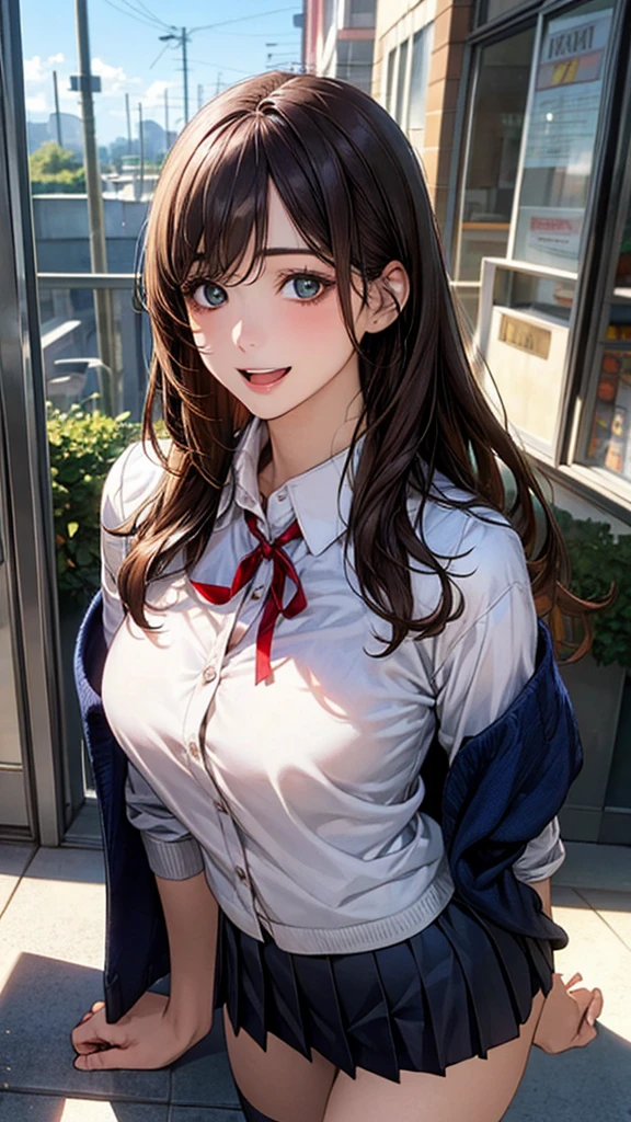 (masterpiece:1.2, top-quality), (realistic, photorealistic:1.4), beautiful illustration, (natural side lighting, movie lighting), ,
(looking at viewer), 1 girl, french, high school girl, perfect face, cute and symmetrical face, shiny skin, skinny,
(long hair, straight hair, brown hair), swept bangs, datk green eyes, drooping eyes, long eye lasher, (large breasts:0.6), five fingers, hair ornament,
beautiful hair, beautiful face, beautiful detailed eyes, beautiful clavicle, beautiful body, beautiful chest, beautiful thighs, beautiful legs,
((symmetrical clothing, white collared shirts, navy pleated skirt, red neck ribbon)), light cardigan, navy socks,
(beautiful scenery), day time, shopping mall, (lovely smile, upper eyes, open mouth, sexy pose),