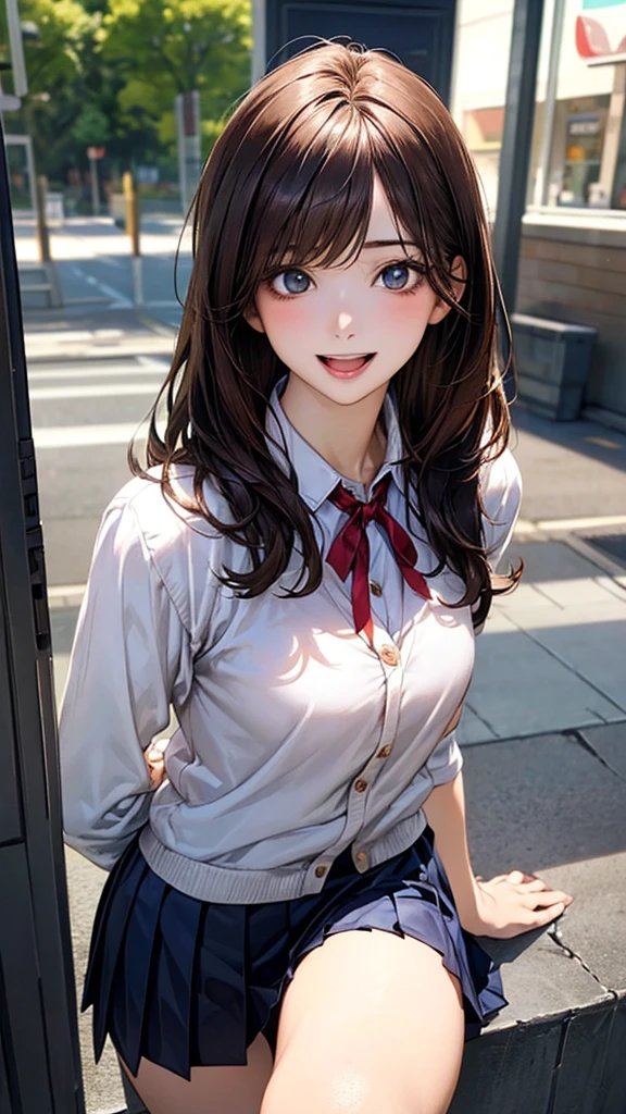 (masterpiece:1.2, top-quality), (realistic, photorealistic:1.4), beautiful illustration, (natural side lighting, movie lighting), ,
(looking at viewer), 1 girl, french, high school girl, perfect face, cute and symmetrical face, shiny skin, skinny,
(long hair, straight hair, brown hair), swept bangs, datk green eyes, drooping eyes, long eye lasher, (large breasts:0.6), five fingers, hair ornament,
beautiful hair, beautiful face, beautiful detailed eyes, beautiful clavicle, beautiful body, beautiful chest, beautiful thighs, beautiful legs,
((symmetrical clothing, white collared shirts, navy pleated skirt, red neck ribbon)), light cardigan, navy socks,
(beautiful scenery), day time, shopping mall, (lovely smile, upper eyes, open mouth, sexy pose),