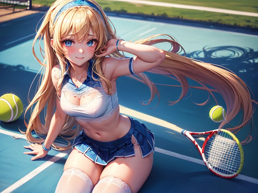 (((top-quality, masterpiece))), ((masterpiece, best quality;1.3)), ultra detailed, 8k unity wallpapers, CG, ray tracing, illustration, colorful, cinematic shadow, extremely detailed and beautiful background,vhd, shadering VRay,RT, 1girl, smile, teenage, blush, happy, smiling, solo, blue eyes, (blush), (blonde hair), (long straight hair), headband, ((small breasts))), slim waist, white glowing skin, nice hips, highly detailed beautiful face, beautiful face, beautiful deep eyes, (talented Lo-Fi:1.3), sexy, lewd, (((blue tennis uniform))), (((shirt lift))), ((lace bra)), white miniskirt, ((blue lace panty)), ((white stocking)), (((tennis field))), glowing, glowing light, ultra detailed, scenic, (((sexual position))), ((sexual intention with the racket)), (((the handle of the racket between the thighs))), atmospheric, classroom atmosphere, ((Masterpiece, Excellent, complex details)), delicate girl, delicate face