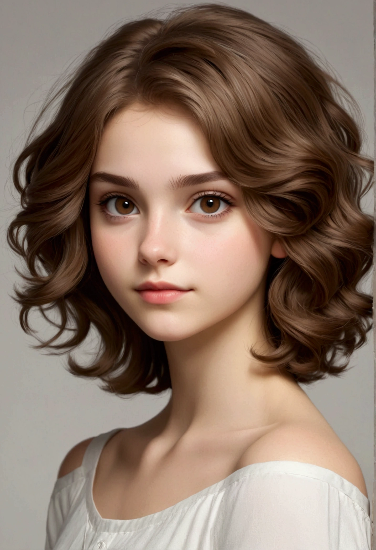 Create a girl with a slim build, , measuring 1.62, Light brown hair, White skin, light brown eyes, short hair above the shoulders, wavy hair, slanted eyes a little closed 