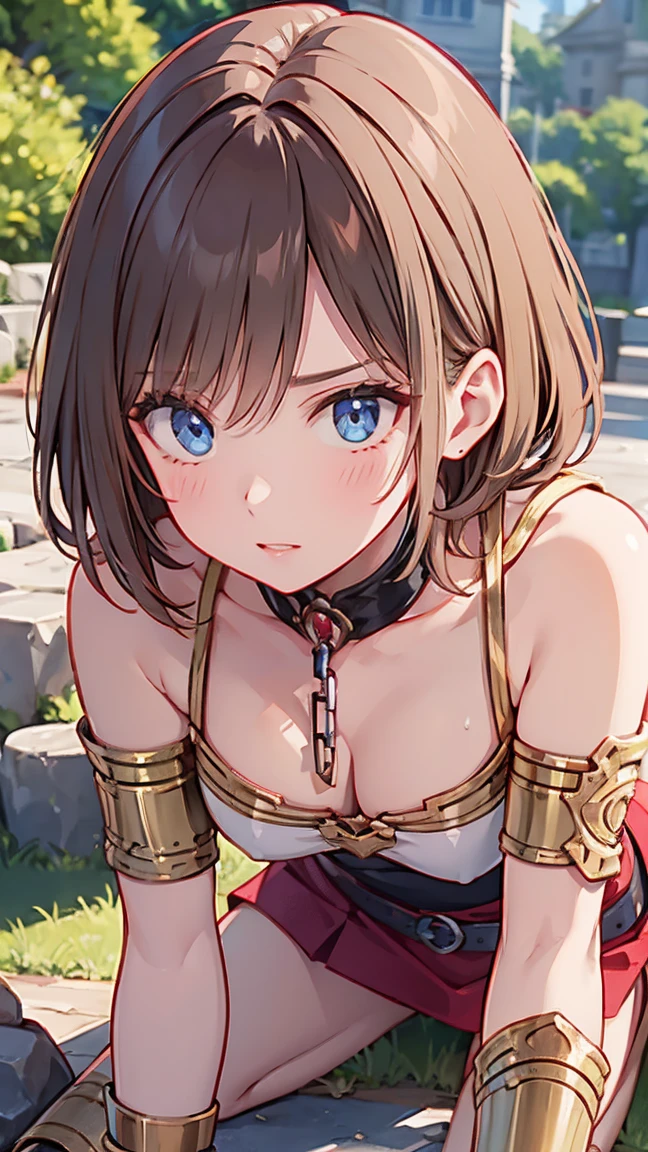 1girl,18yo,good anatomy, masterpiece, best quality, ealistic, hyper realistic, 16k hdr, (braid, cleavage, damaged body, sweat, beautiful face, mature female, muscular paladin, torn costume, arm guard, leg guard, shoulder armor:1.2),(red blush, angry, all fours:1.2),fantasy world, outdoor, village, blue sky,(surrounded many Heinous estrus goblins:1.3),(metal collar,leashed,chained:1.5),(pull leash,lead:1.2),(viewer holding leash:1.2),