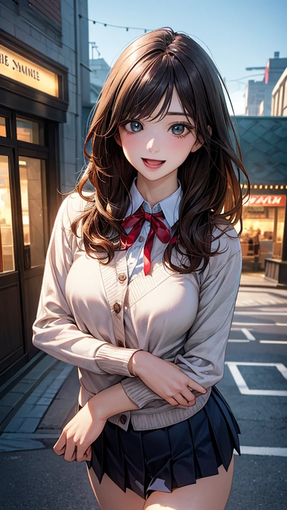 (masterpiece:1.2, top-quality), (realistic, photorealistic:1.4), beautiful illustration, (natural side lighting, movie lighting), , 
(looking at viewer), 1 girl, french, high school girl, perfect face, cute and symmetrical face, shiny skin, skinny, 
(long hair, straight hair, brown hair), swept bangs, green eyes, drooping eyes, long eye lasher, (large breasts:0.6), five fingers, hair ornament, 
beautiful hair, beautiful face, beautiful detailed eyes, beautiful clavicle, beautiful body, beautiful chest, beautiful thighs, beautiful legs, 
((symmetrical clothing, white collared shirts, navy pleated skirt, red neck ribbon)), light cardigan, navy socks, 
(beautiful scenery), day time, shopping mall, (lovely smile, upper eyes, open mouth, sexy pose), 