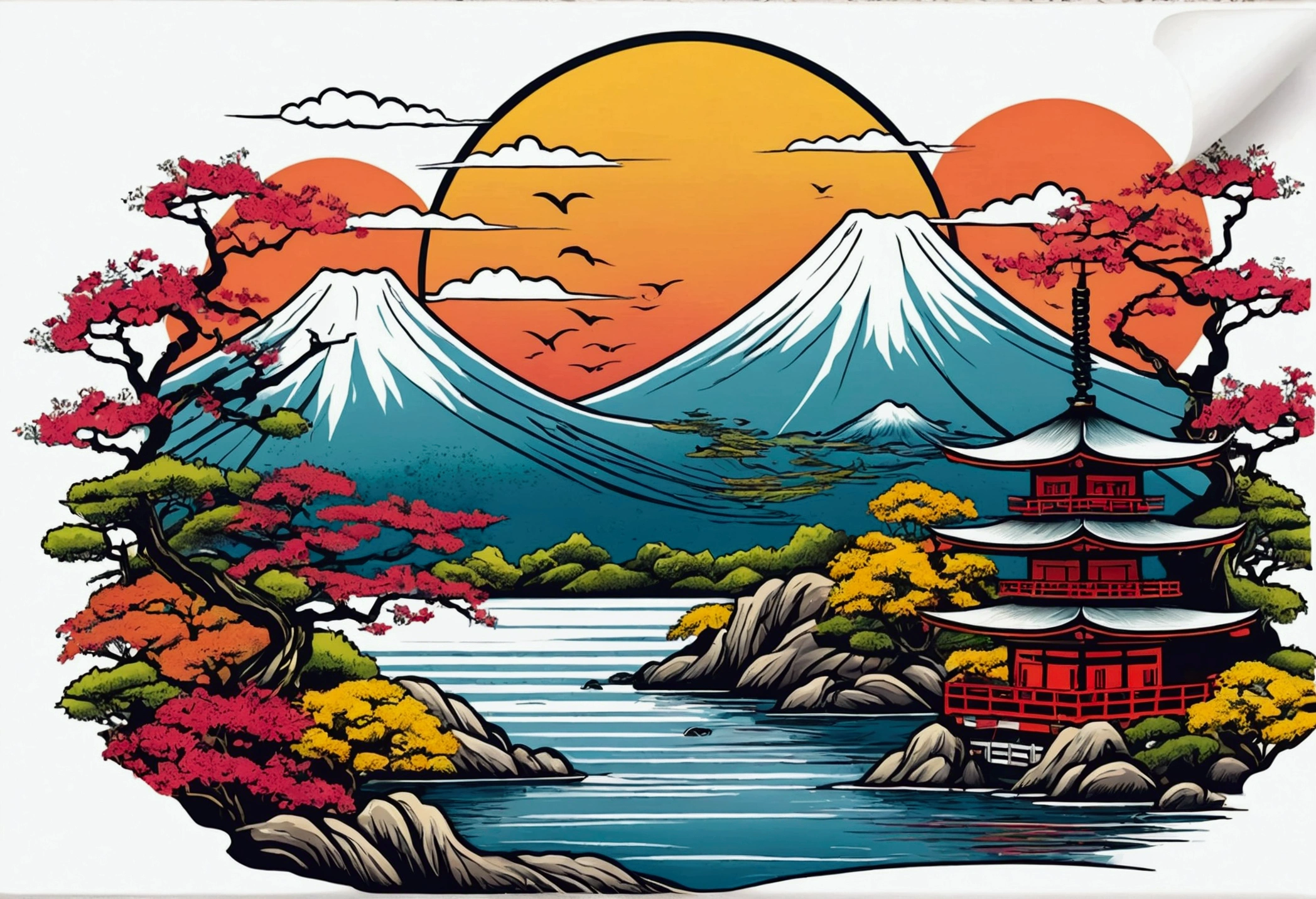 japanese landscape vector t shirt print, detailed sticker style, tattoo style color drawing, white background