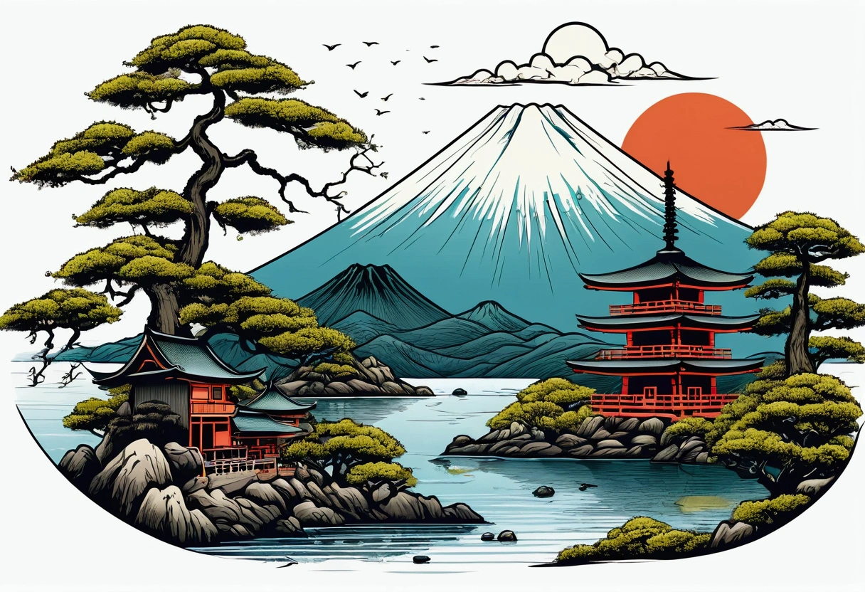 japanese landscape vector t shirt print, detailed sticker style, tattoo style color drawing, white background